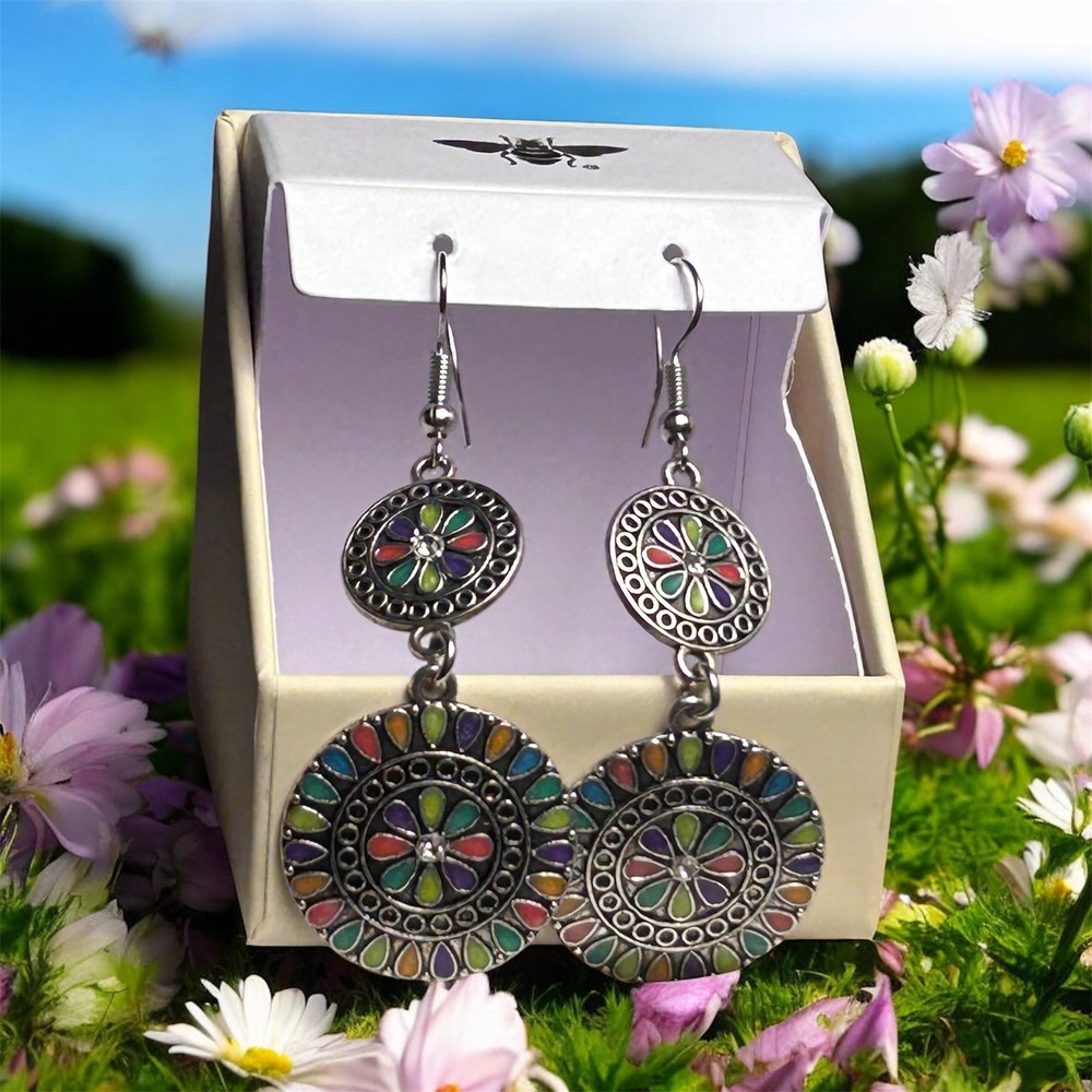 Boho Silver Tone Multi Color Enamel Mandala Double Drop Earrings with Gift Box